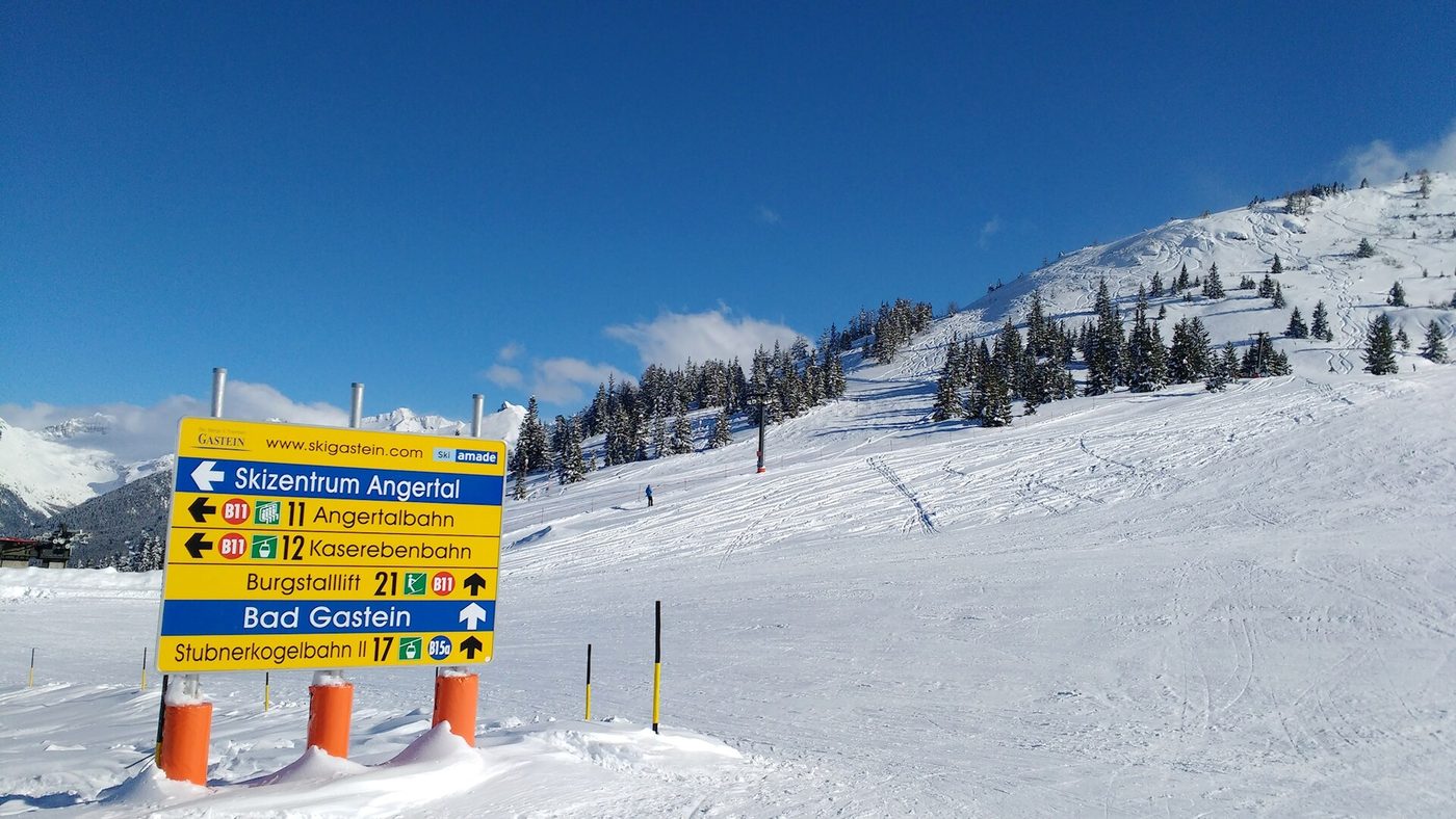 A piste signpost on a bright cold morning at Bad Gastein, Austria