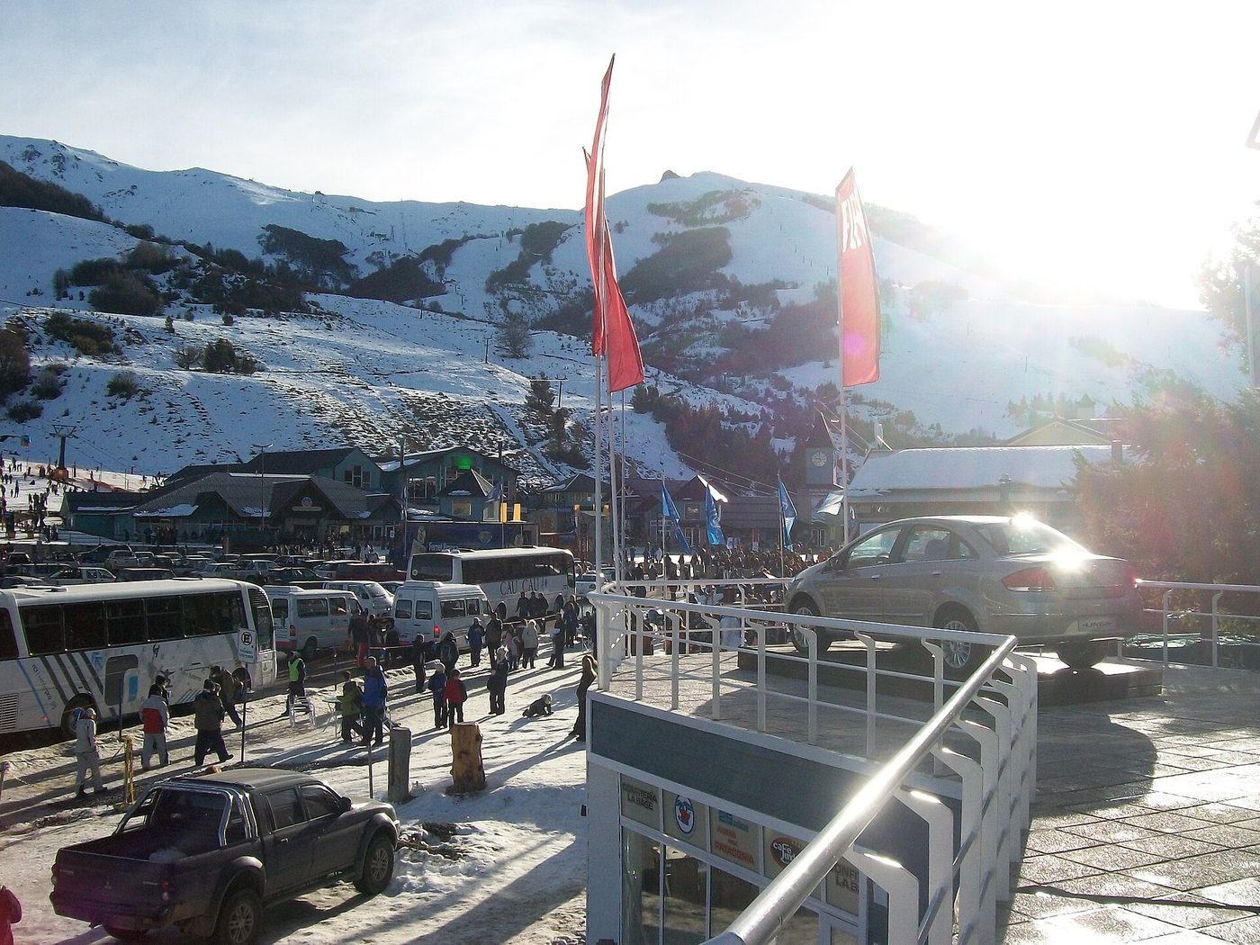 The base area of Cerro Catedral near Bariloche, Argentina, with ski slopes visible on the mountain behind