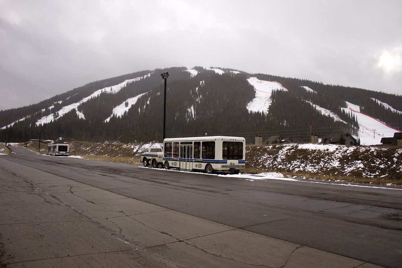 Copper Mountain shuttle buses on an early-season grey day in Summit County, Colorado