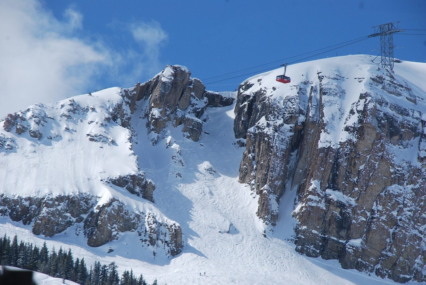 Corbet's Couloir, a steep rocky chute at Jackson Hole beneath the aerial tram
