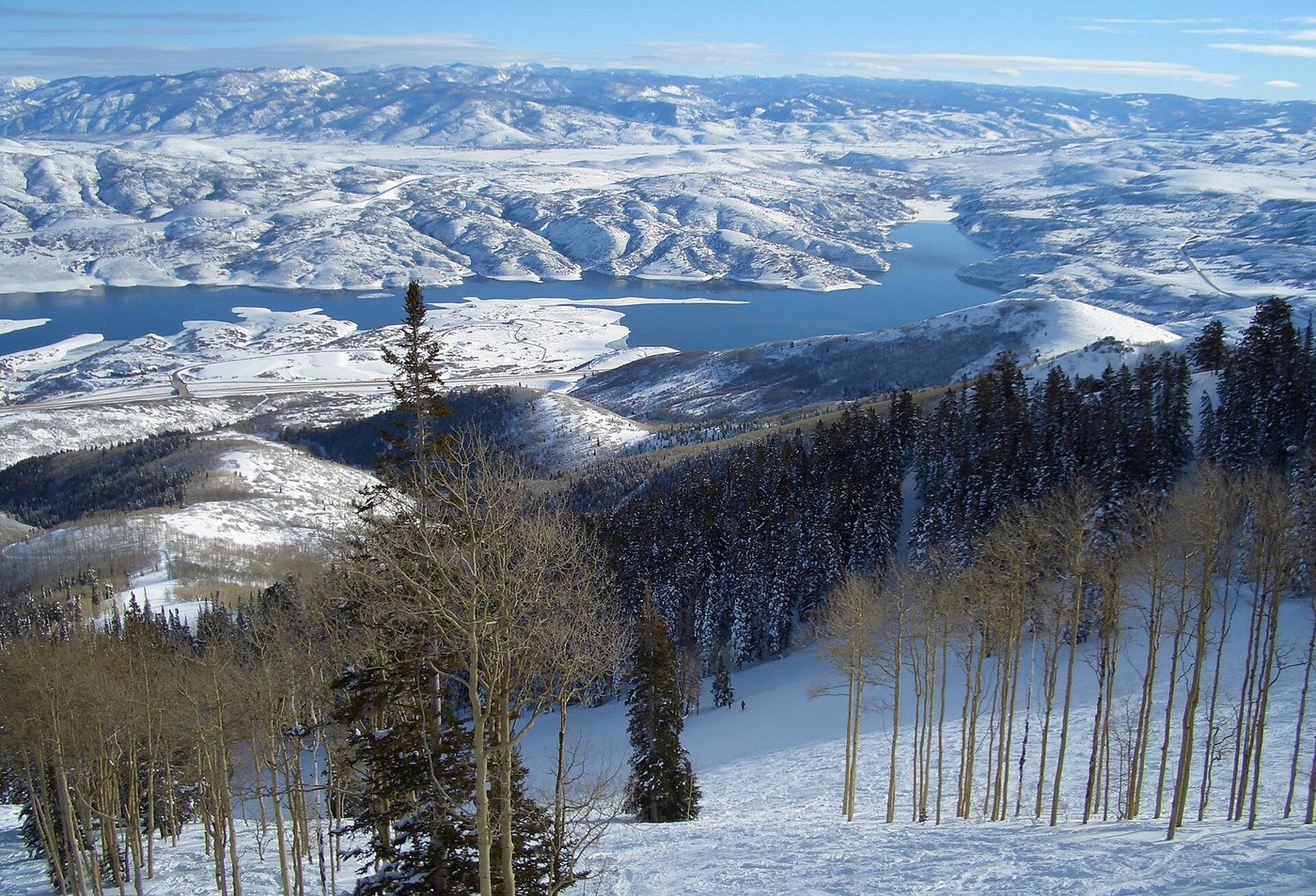 Looking out over the Jordanelle Reservoir from a chairlift at Deer Valley, Utah