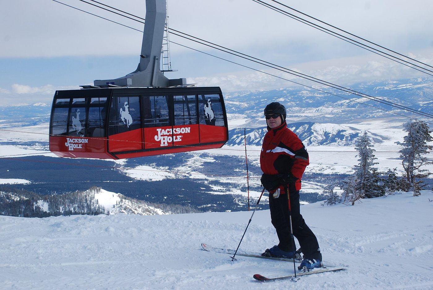 The red Jackson Hole aerial tram above Teton Village, Wyoming