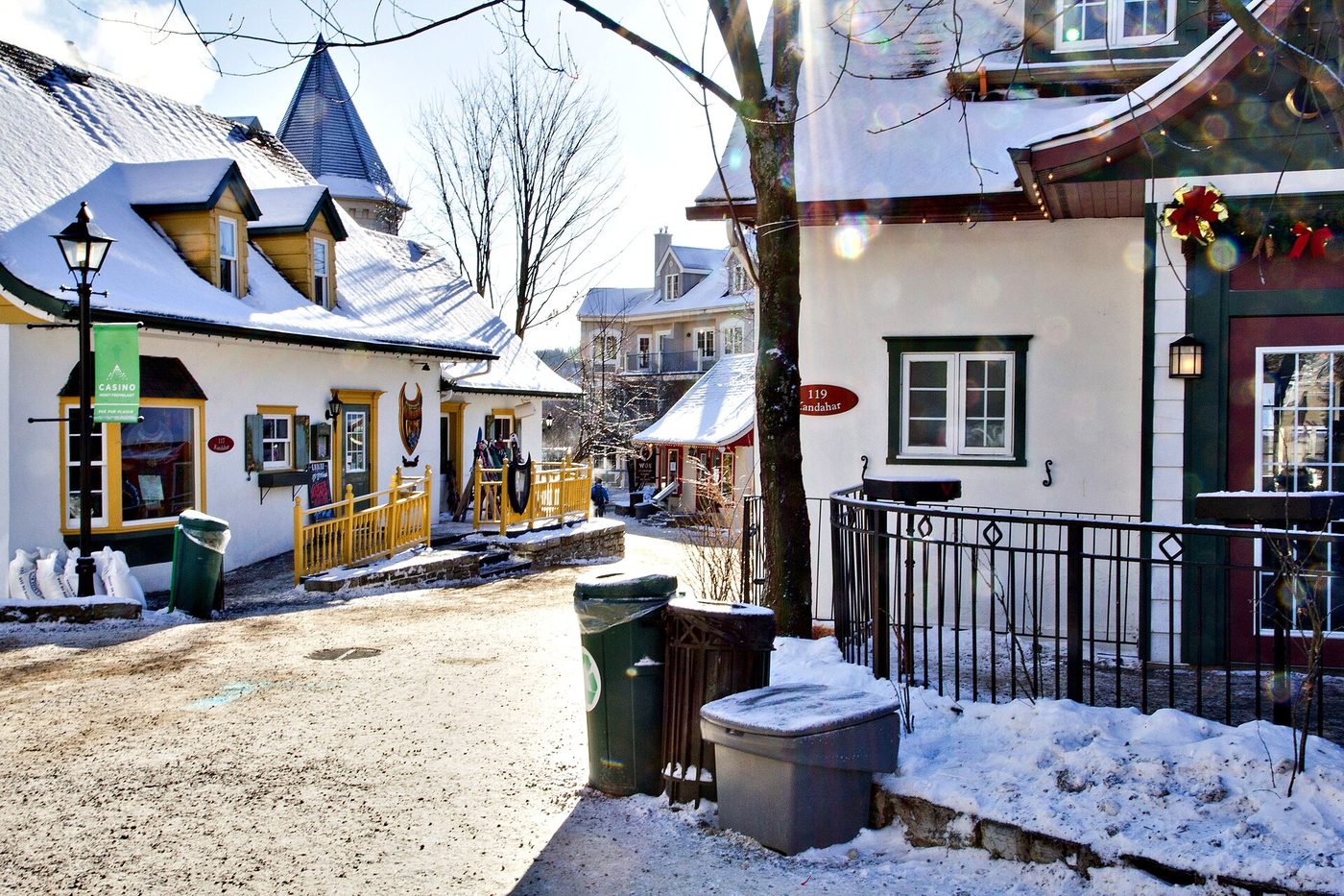 The snowy pedestrian village at Mont Tremblant, Quebec, with brightly painted buildings