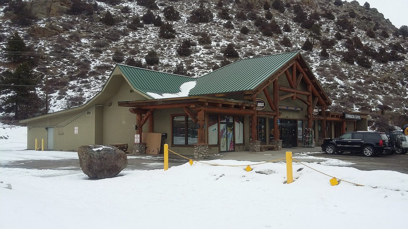 A ski rental shop beside the interstate at Dumont, Colorado, the first stop for many visitors weighing whether to rent or buy skis