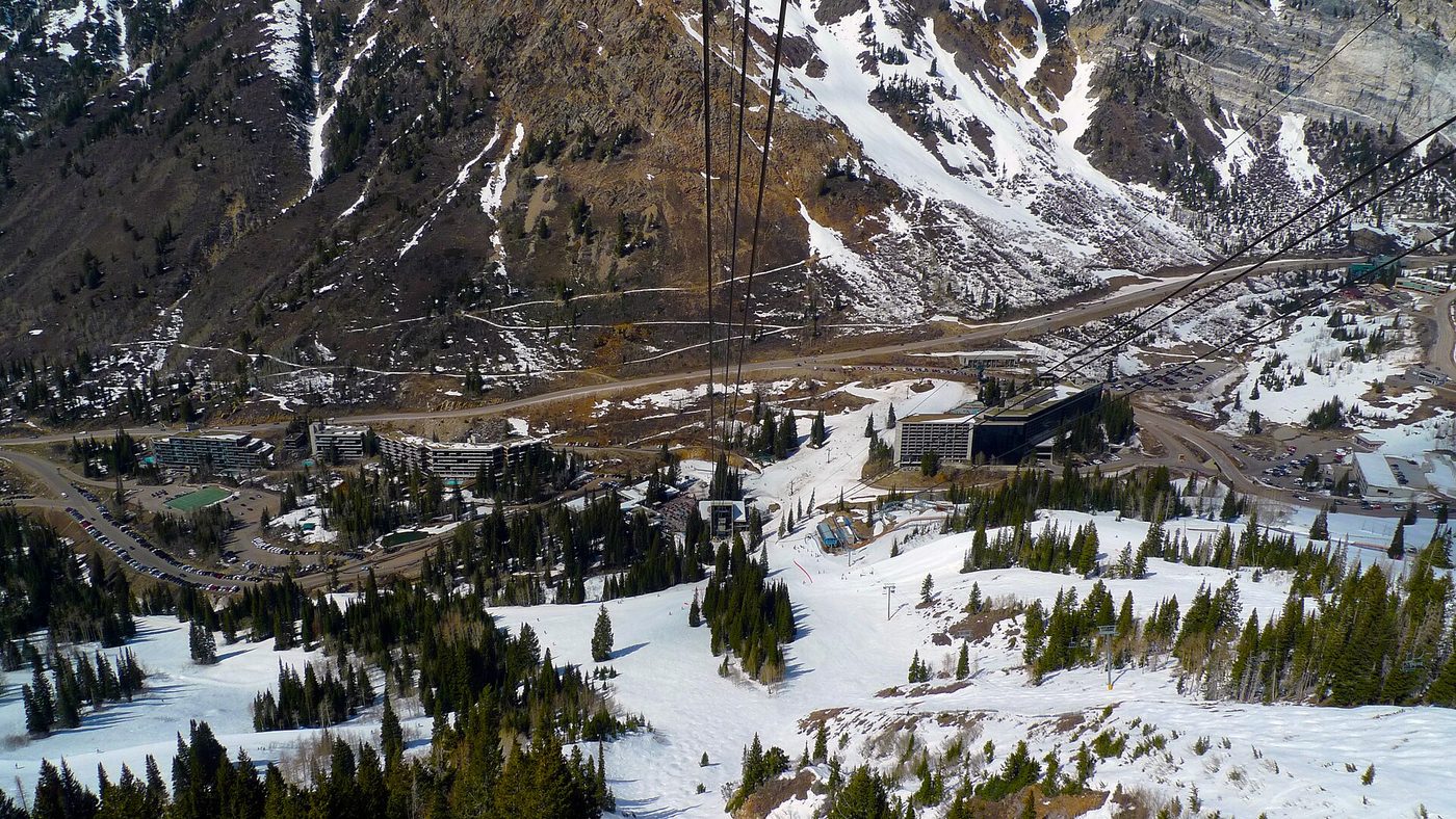The Snowbird base area in Little Cottonwood Canyon, Utah, seen from the aerial tram