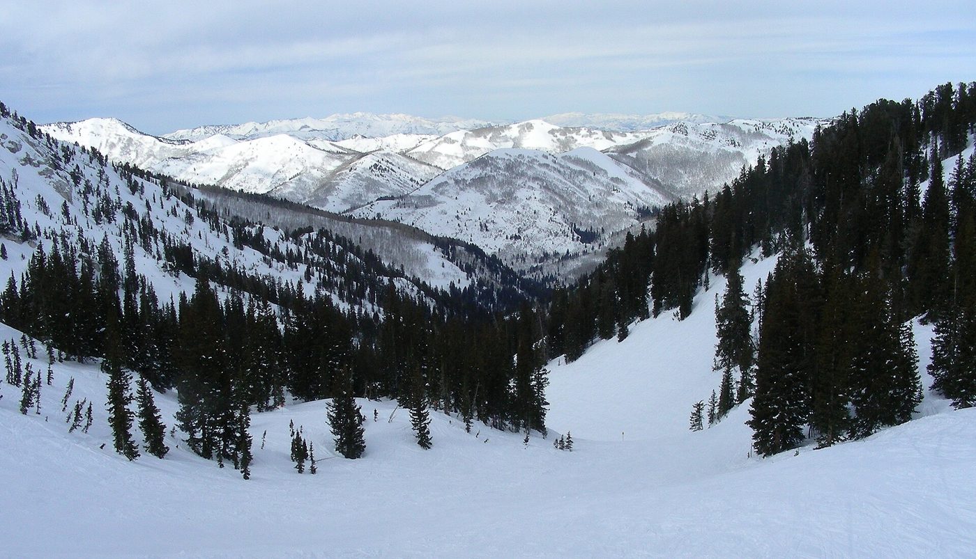 A view down a tree-lined ski run into Honeycomb Canyon at Solitude Mountain Resort, Utah