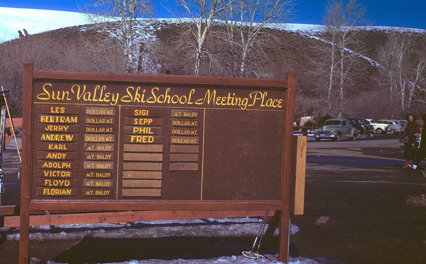 The Sun Valley ski school meeting board in Idaho, with instructor names and their assigned mountains
