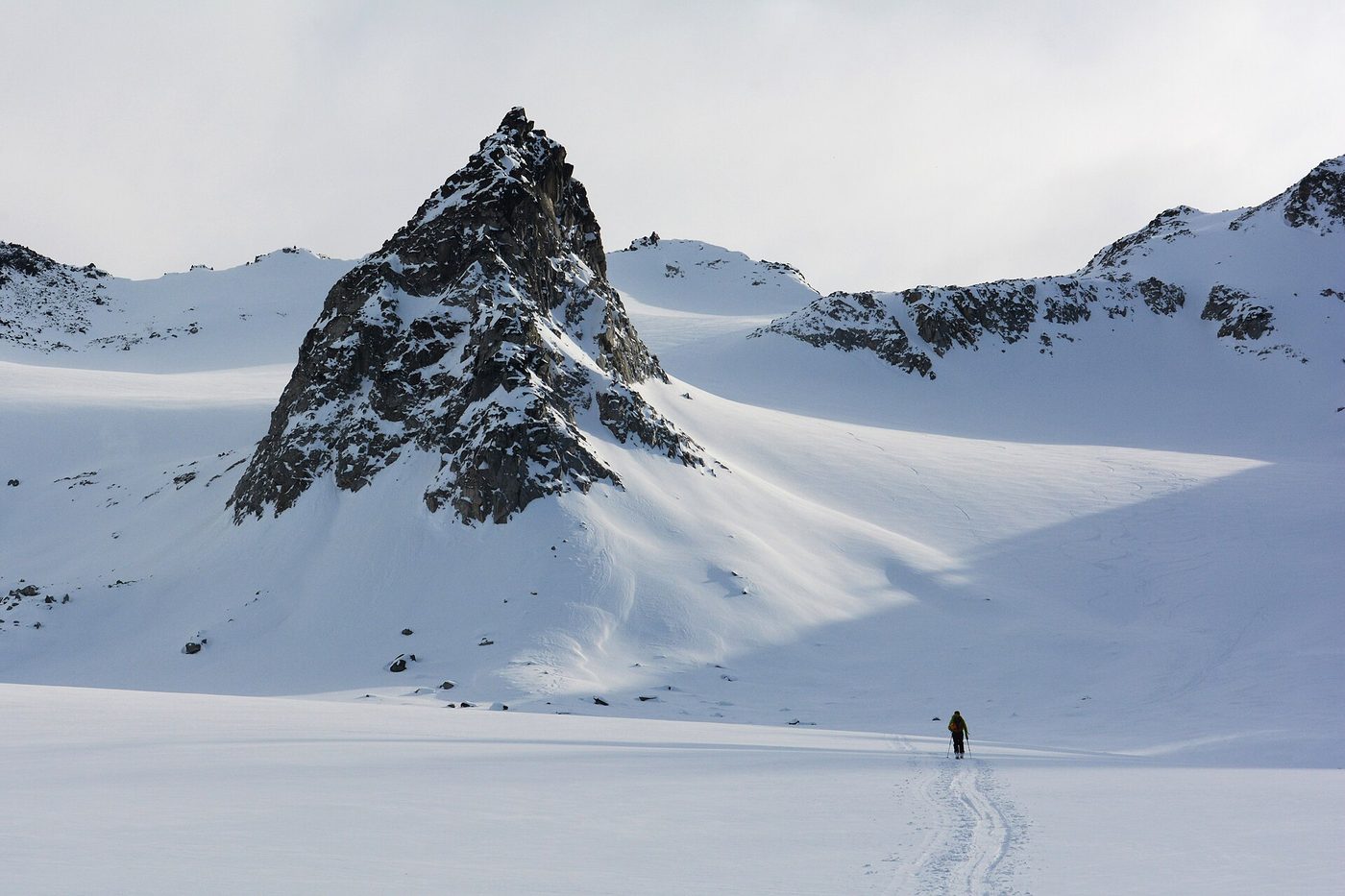 Backcountry skiing for beginners often starts with mellow skin tracks like this one in Alaska's Talkeetna Mountains