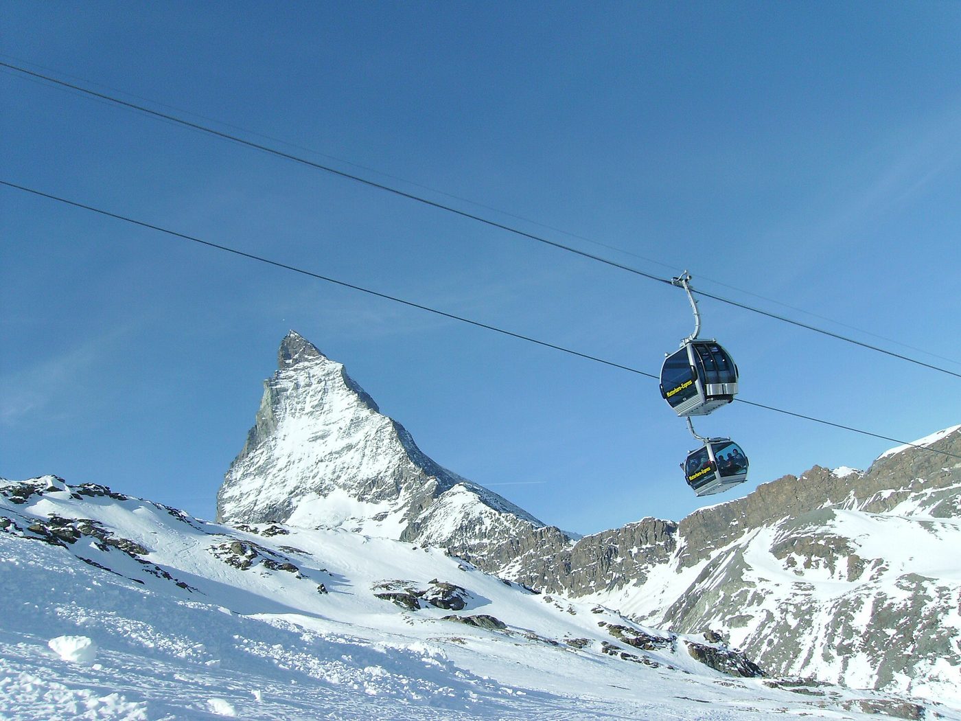 Gondolas of the Matterhorn Express with the Matterhorn behind, Zermatt, Switzerland